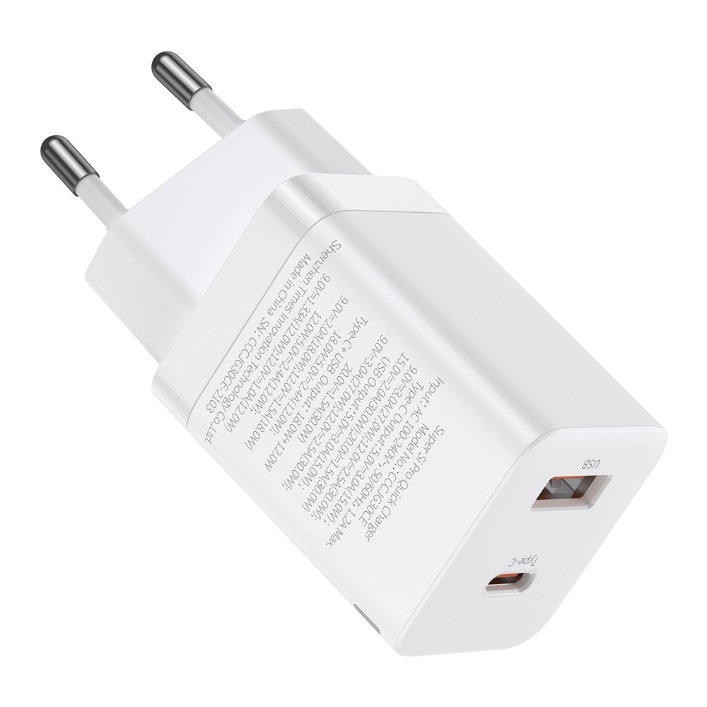 Baseus Super Si Pro carregador rápido USB / USB Tipo C 30W Power Delivery Quick Charge branco (CCSUPP-E02)