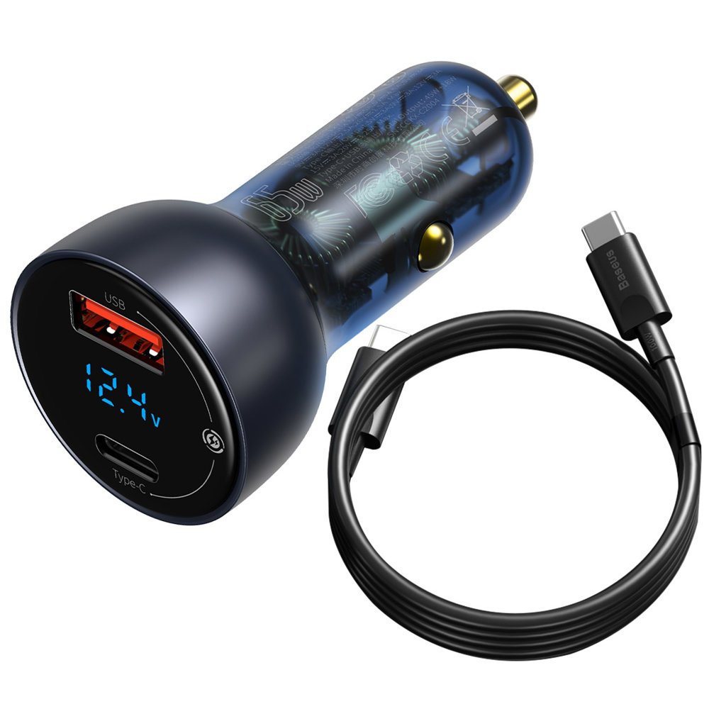 Baseus Carregador Veicular USB / USB Tipo C 65 W 5 A SCP Quick Charge 4.0+ Power Delivery 3.0 tela LCD cinza (CCKX-C0G)