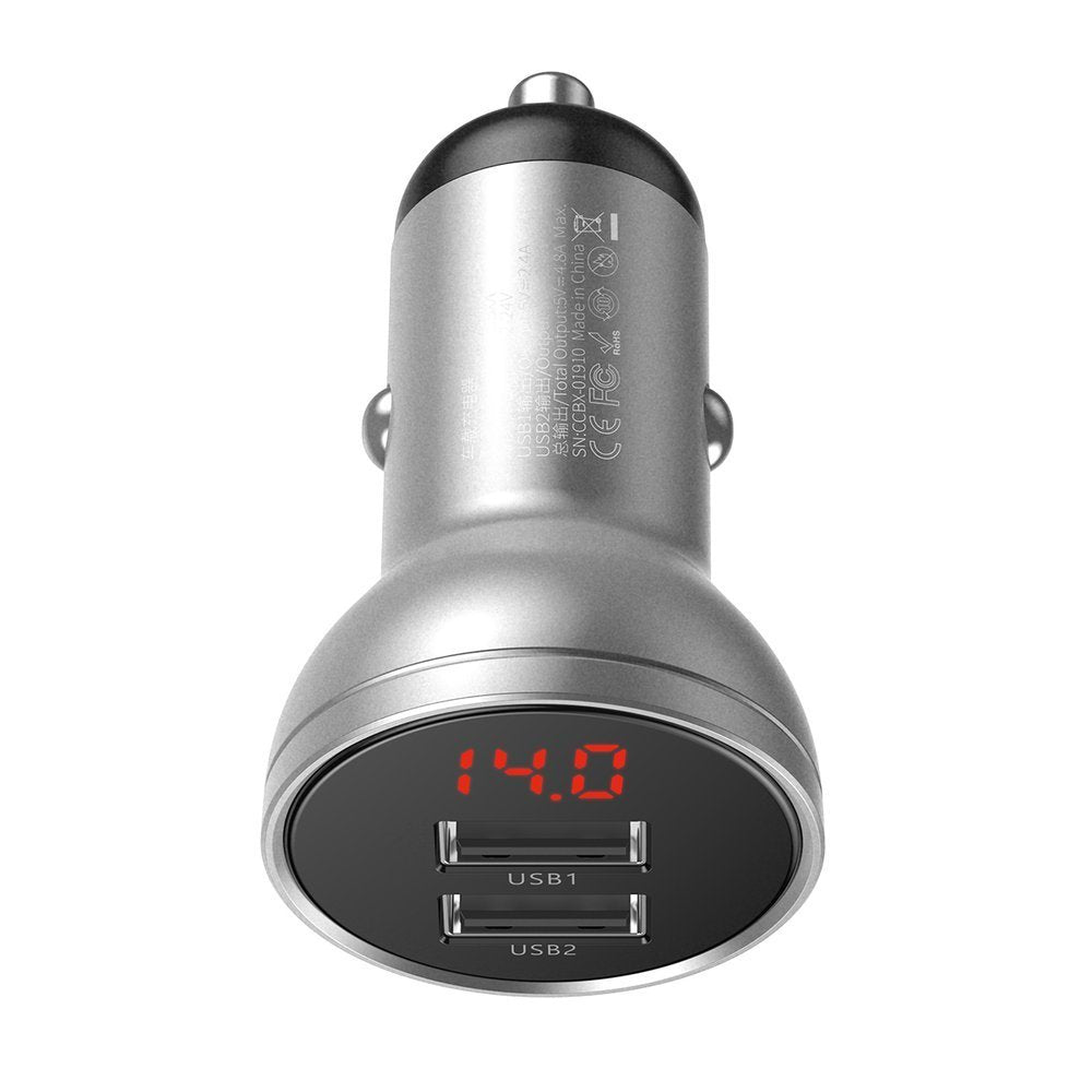 Baseus carregador de carro 2x USB 4,8A 24W com LCD cinza (CCBX-0G)