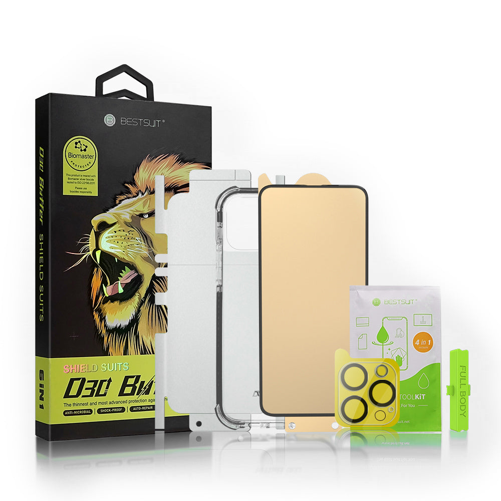 Bestsuit 6 em 1 kit para iPhone 11 Pro Max inclui capa / vidro temperado flexível / película traseira / vidro para câmera / panos de limpeza / aplicador (D30 Buffer)