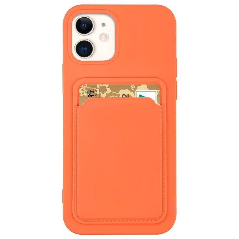 Capa de Cartão de Silicone com Bolso para Cartões e Documentos para iPhone 13 Pro Max na Cor Laranja