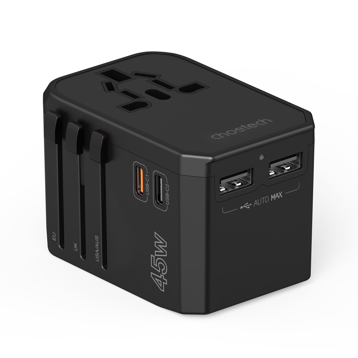 Carregador de viagem GaN Choetech PD6045 USB-C USB-A 45W com plugues EUA, UE, Reino Unido, Austrália - preto