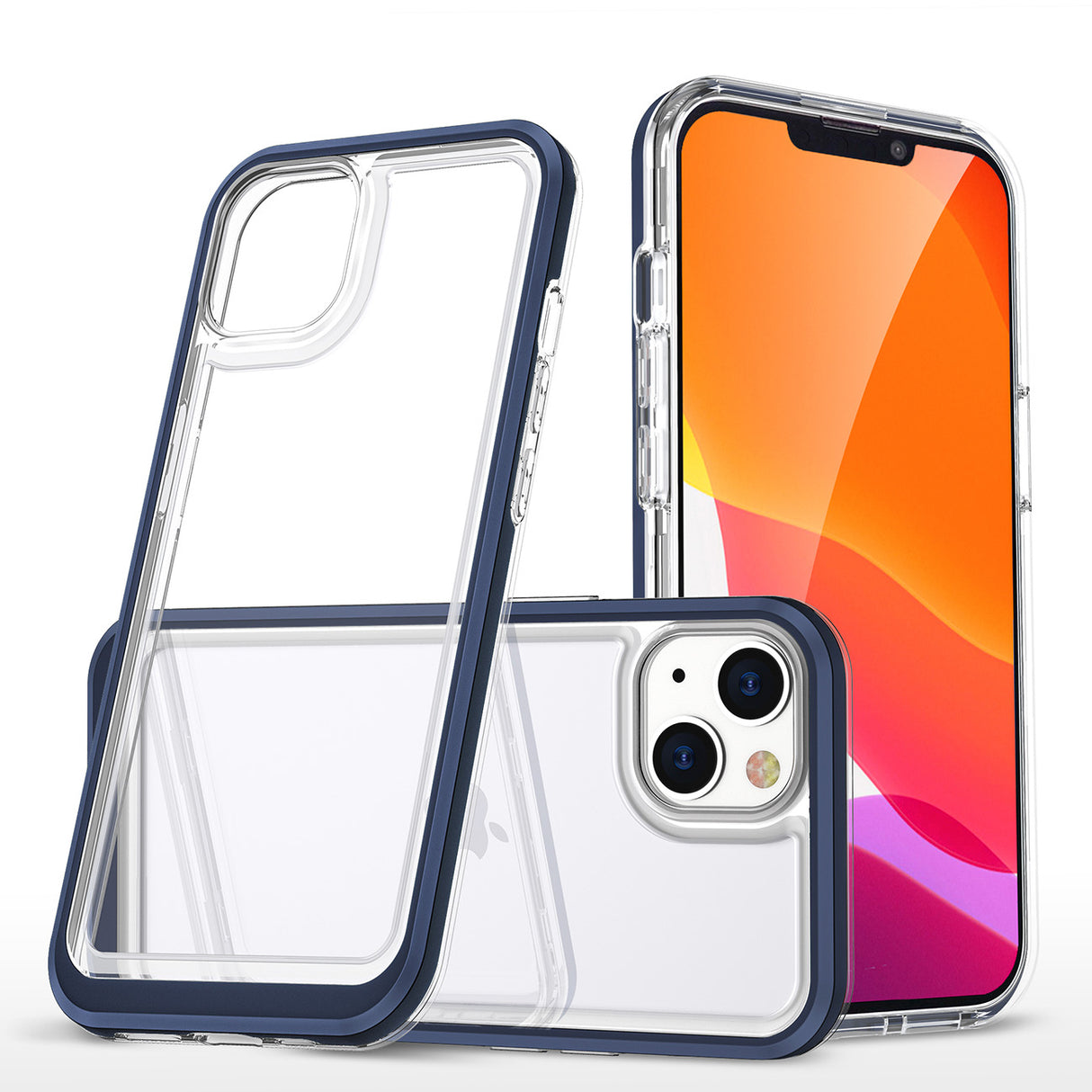 Capa de silicone transparente 3 em 1 com moldura azul para iPhone 14 Plus