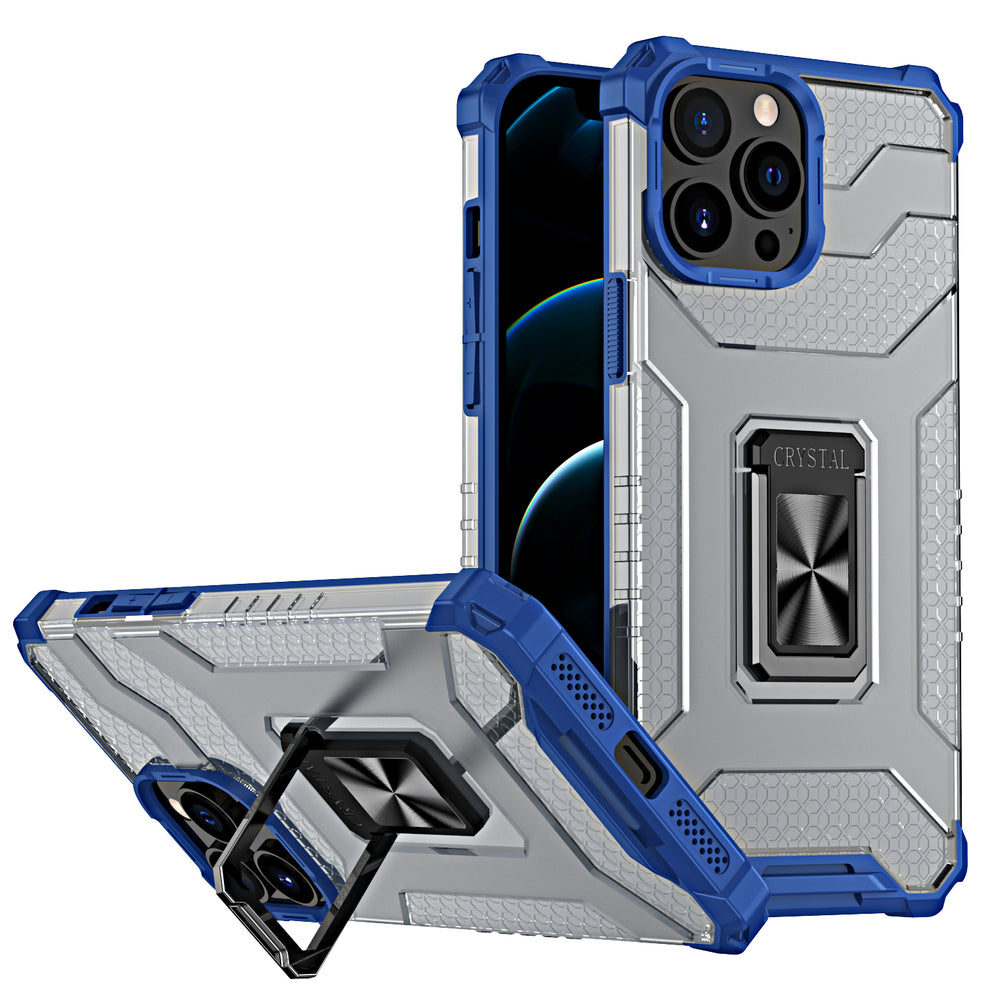 Capa híbrida robusta Crystal Ring Case + suporte magnético para iPhone 13 Pro Max azul
