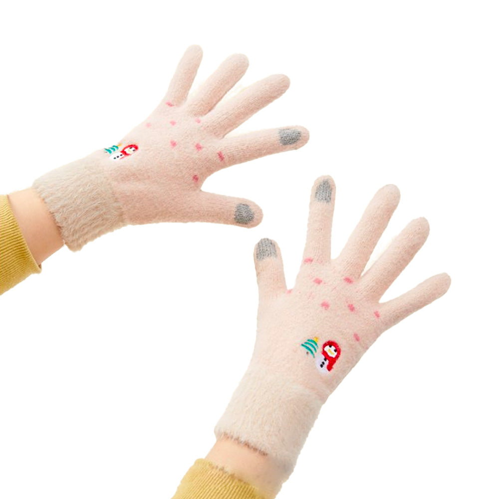 Luvas de inverno femininas para telemóvel com boneco de neve e árvore de Natal - bege