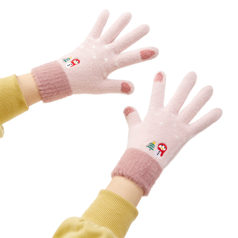 Luvas de inverno femininas para telemóvel com boneco de neve e árvore de Natal - rosa