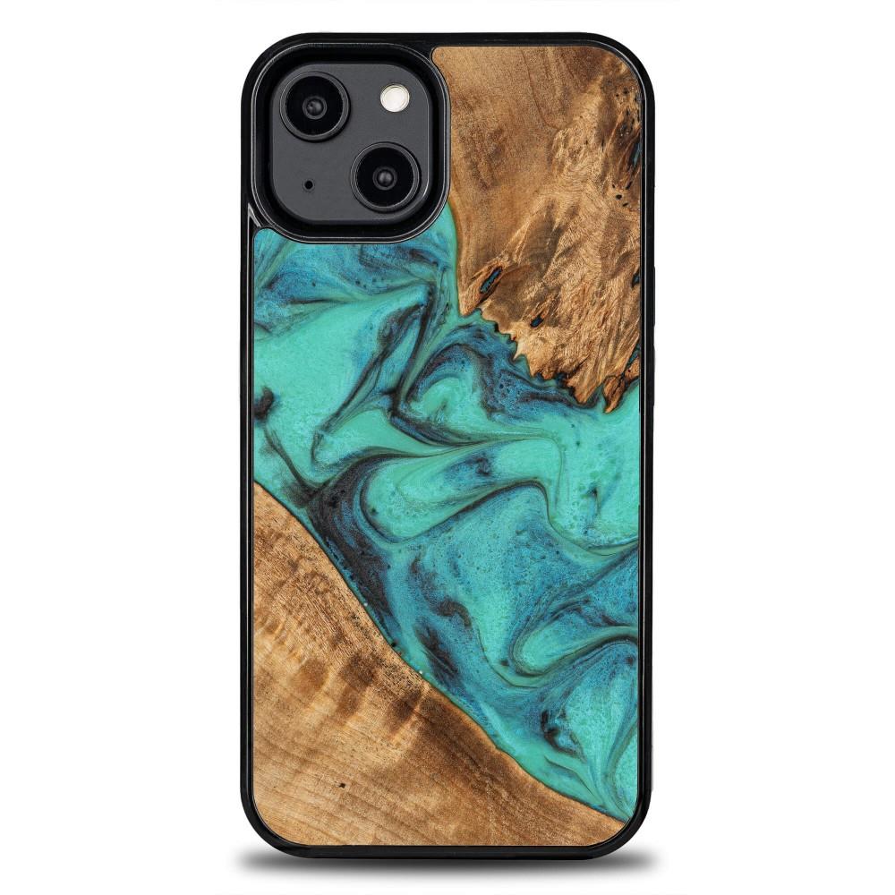 Estojo de madeira e resina para iPhone 15 Plus Bewood Unique Turquoise - turquesa e preto