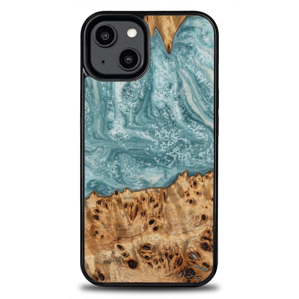 Estojo de madeira e resina para iPhone 15 Plus Bewood Unique Uran - azul e branco