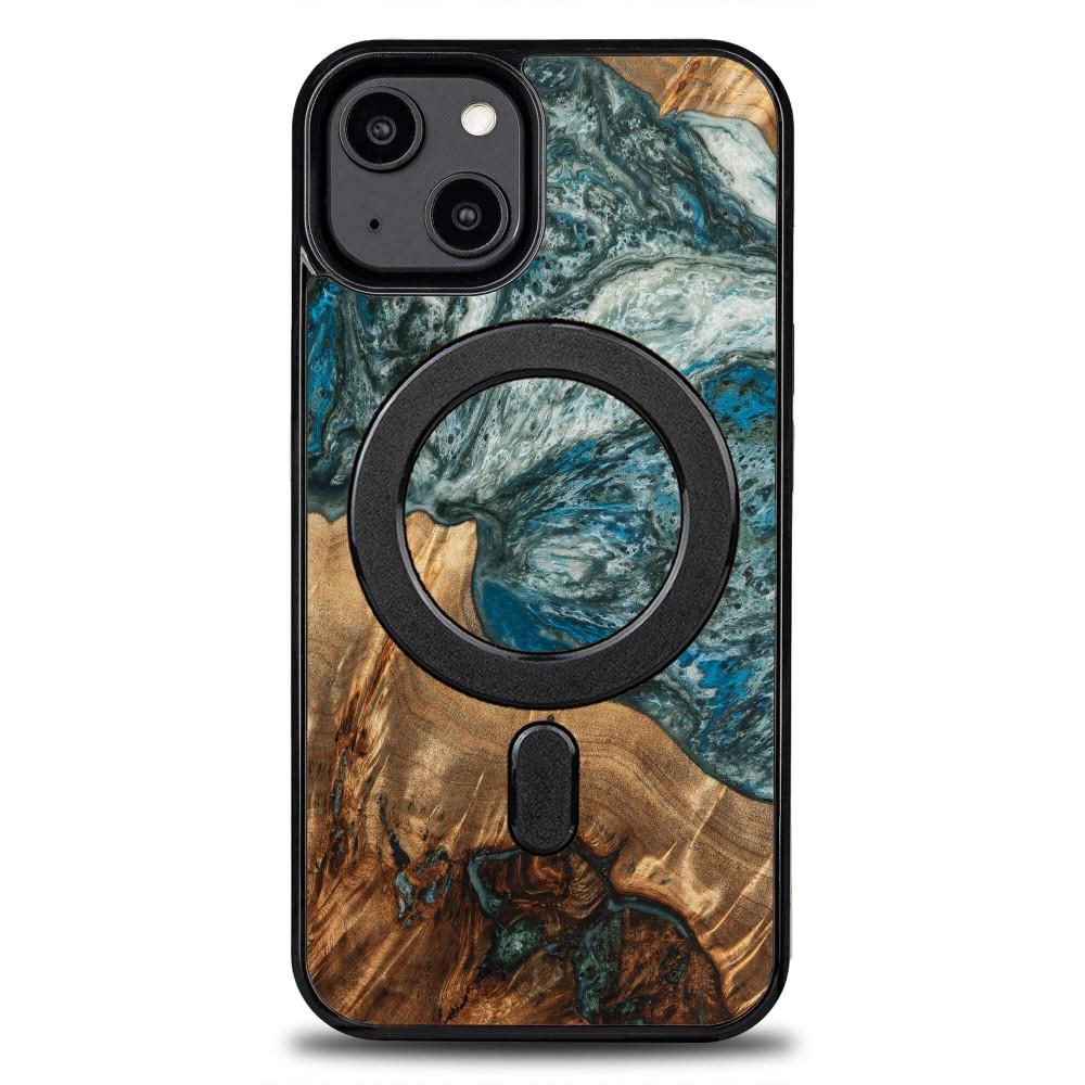 Estojo de madeira e resina para iPhone 15 Plus MagSafe Bewood Unique Planeta Terra - azul-verde