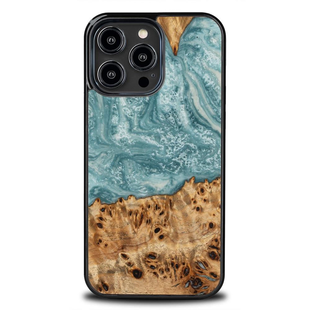 Capa para iPhone 14 Pro Max Bewood Unique Uran em madeira e resina - azul e branca