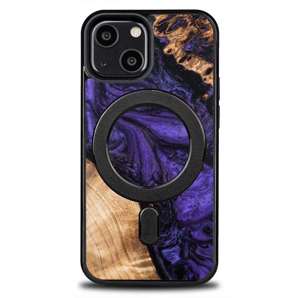 Estojo de madeira e resina para iPhone 13 Mini MagSafe Bewood Unique Violet - roxo e preto