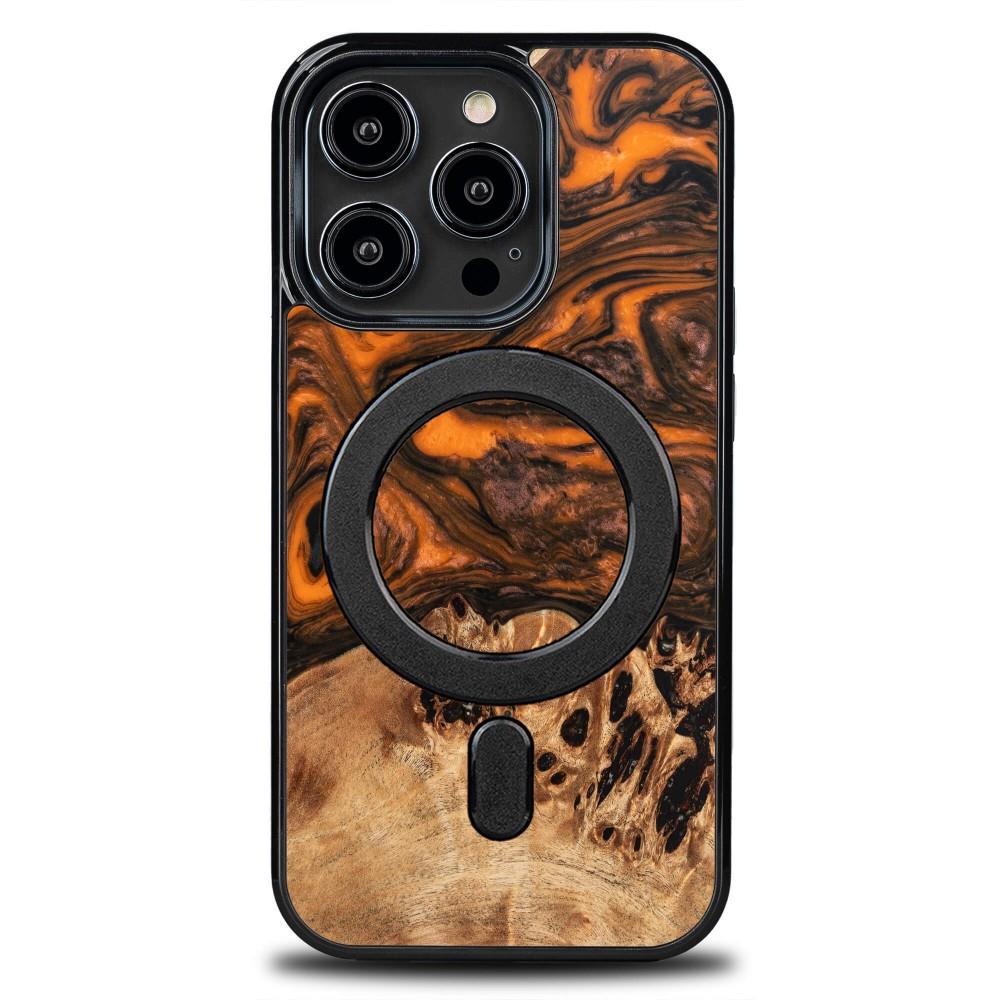 Estojo de madeira e resina para iPhone 14 Pro MagSafe Bewood Unique Orange - laranja e preto