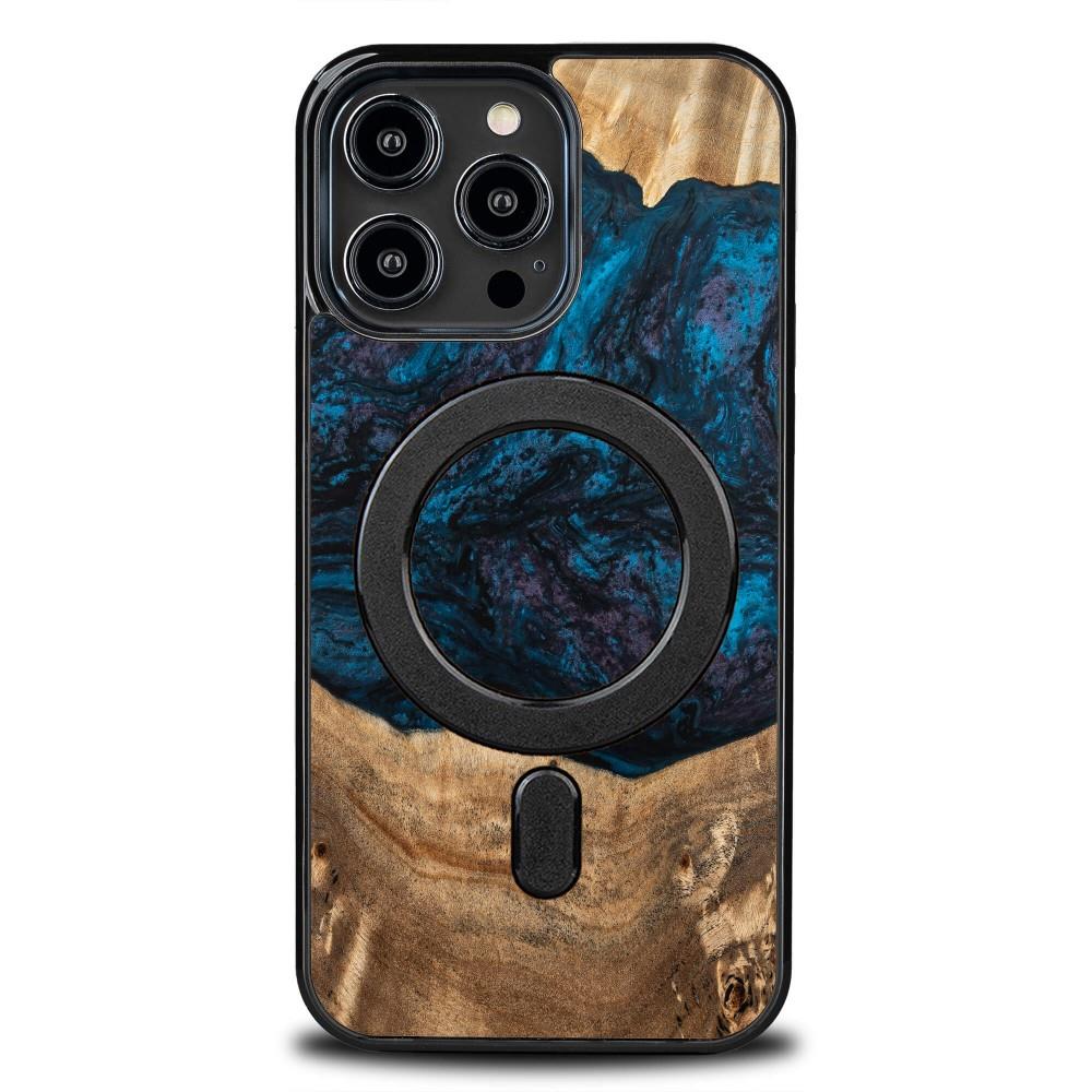 Estojo de madeira e resina para iPhone 14 Pro Max MagSafe Bewood Unique Neptun - azul-marinho e preto