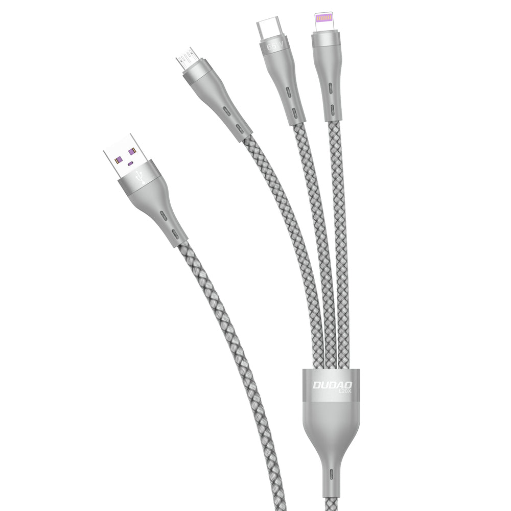 Cabo USB Dudao 3 em 1 - Lightning / microUSB / USB Tipo C 65W 1,2m cinza (L20X)