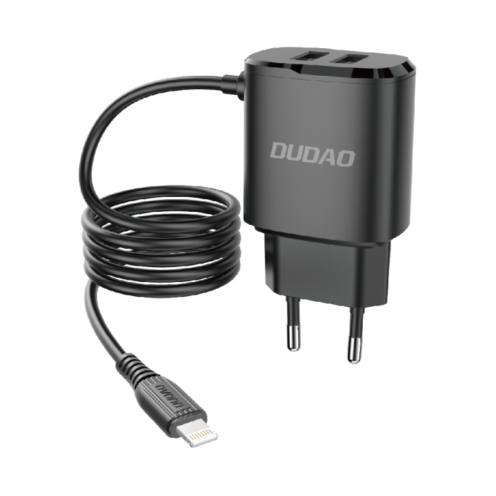 Dudao Carregador de Rede 2x USB com Cabo Micro USB Embutido 12 W Preto (A2ProM Preto)