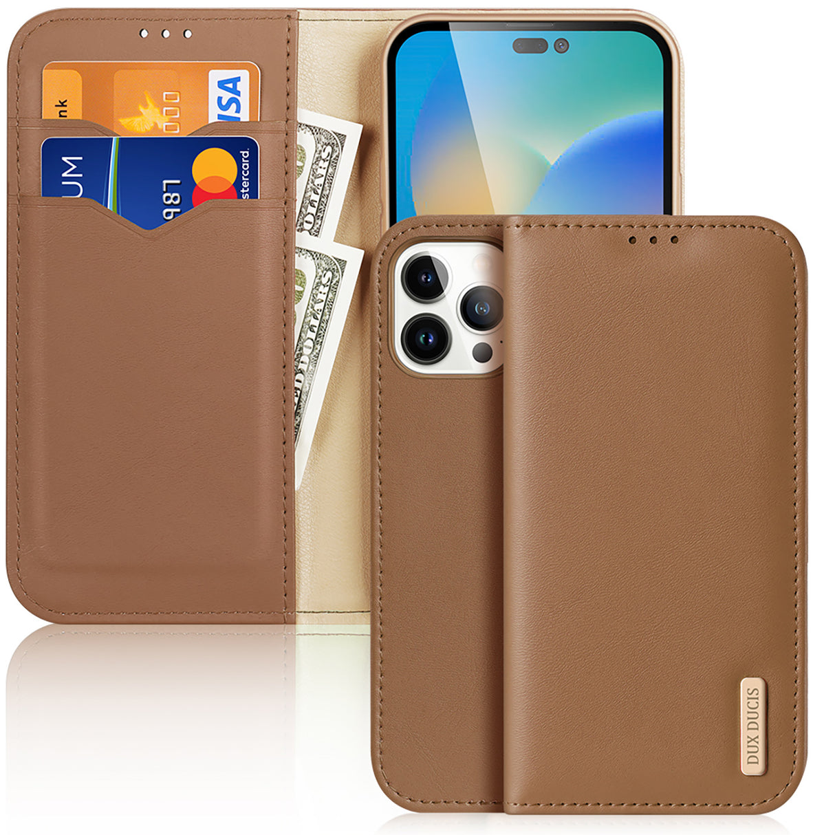 Capa de couro Dux Ducis Hivo com aba, capa de couro natural, carteira para cartões e documentos para iPhone 14 Pro Max na cor castanho