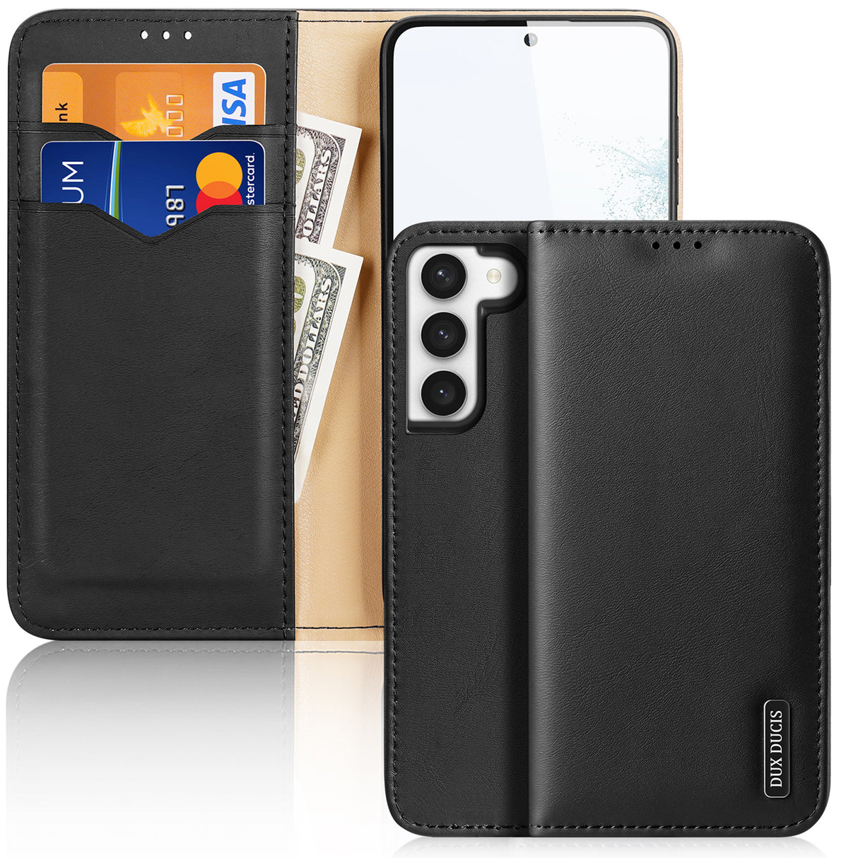 Capa Dux Ducis Hivo para Samsung Galaxy S23+ com aba, carteira, suporte e bloqueio RFID na cor preta.