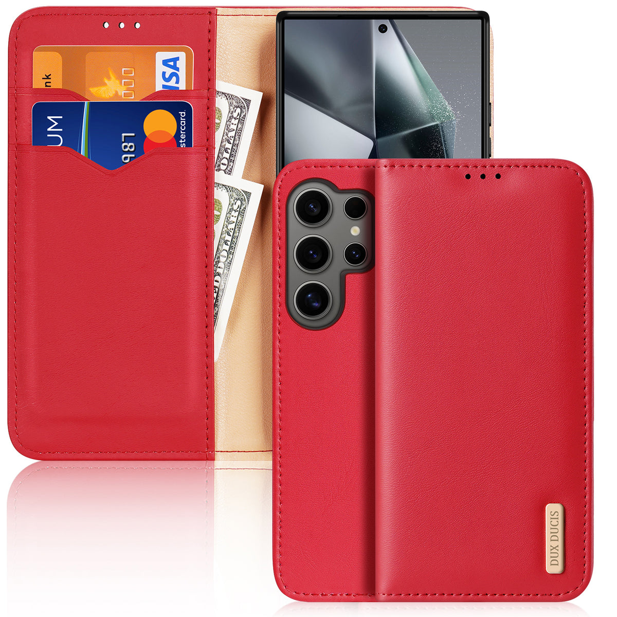 Etui Dux Ducis Hivo com aba e bloqueio RFID para Samsung Galaxy S24 Ultra - vermelho