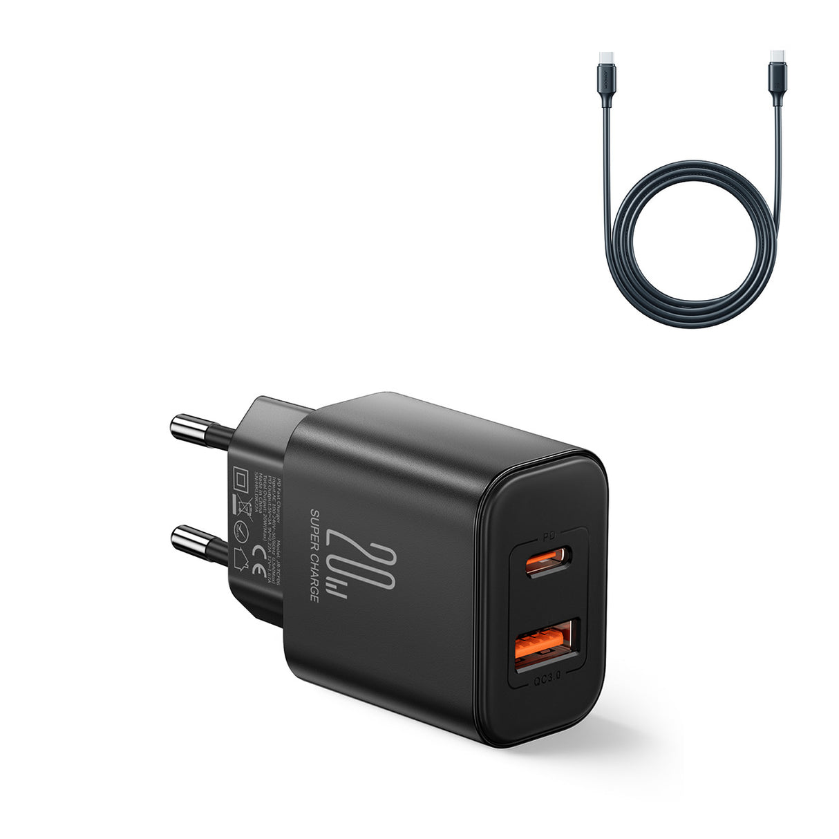 Carregador EU Joyroom JR-TCF05 20W USB-A USB-C + cabo USB-C - preto