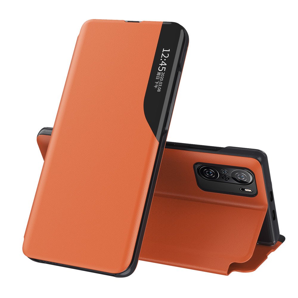 Capa Eco Leather View elegante com aba e função de suporte para Xiaomi Redmi K40 Pro+ / K40 Pro / K40 / Poco F3 na cor laranja