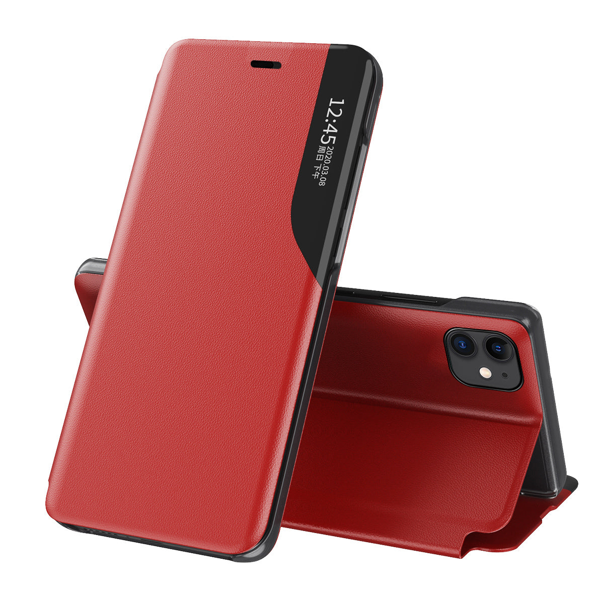 Caso de Visualização de Couro Ecológico elegante capa com aba e função de suporte para iPhone 13 Pro vermelho
