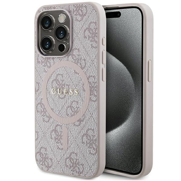 Capa Guess 4G Collection Leather Metal Logo MagSafe para iPhone 15 Pro Max - rosa