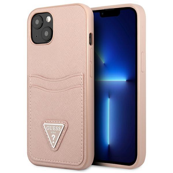 Capa Guess Saffiano Triangle Logo com porta-cartões para iPhone 13 mini - rosa