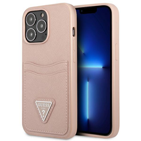 Capa Guess Saffiano Triangle Logo com porta-cartões para iPhone 13 Pro Max - rosa