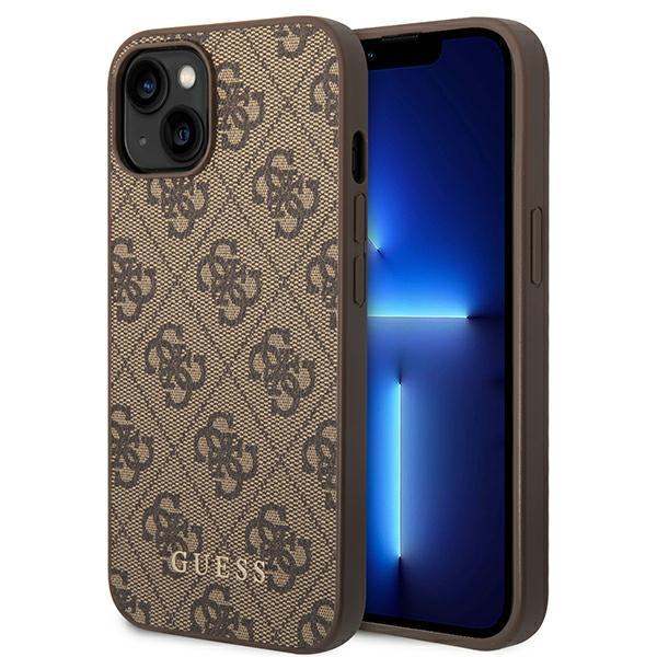 Capa dura castanho para iPhone 14 Plus 6,7" Guess GUHCP14MG4GFBR com logo dourado metálico 4G