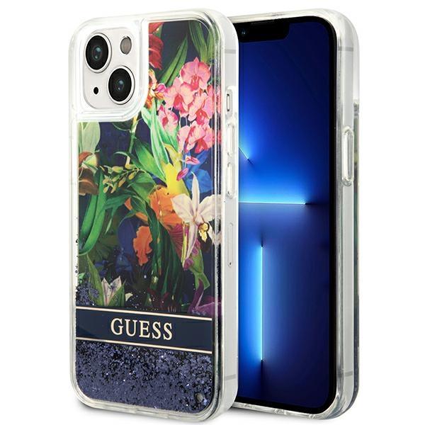 Capa Guess Flower Liquid Glitter para iPhone 14 Plus - azul