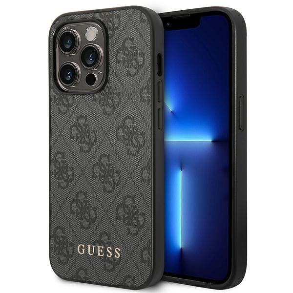 Capa rígida cinza para iPhone 14 Pro Max 6,7" Guess GUHCP14XG4GFGR com logo dourado metálico 4G