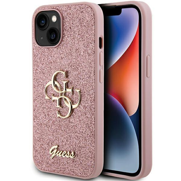 Capa Guess Glitter Script Big 4G para iPhone 15 Plus - rosa