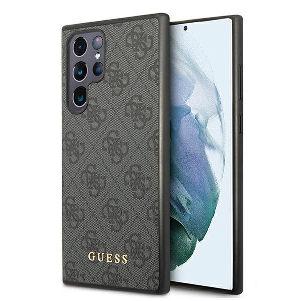 Capa dura cinza para Guess GUHCS22LG4GFGR S22 Ultra S908 com logo dourado em metal 4G.