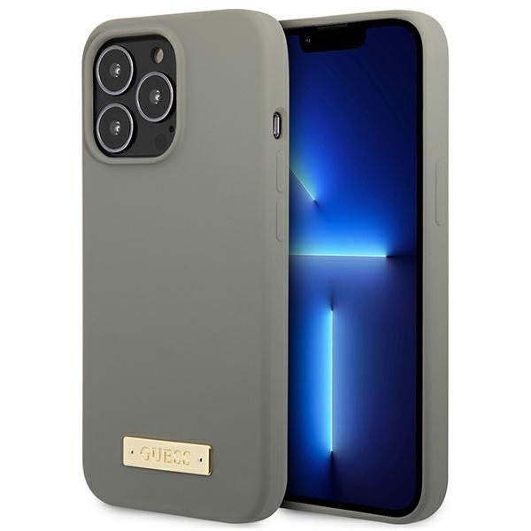 Capa Guess Silicone Logo Plate MagSafe para iPhone 13 Pro Max - cinza