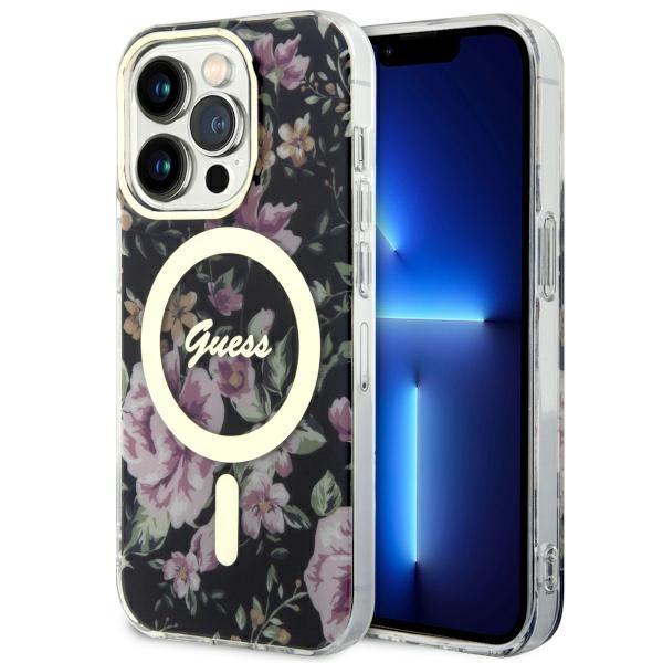 Capa Guess Flower MagSafe para iPhone 14 Pro - preta