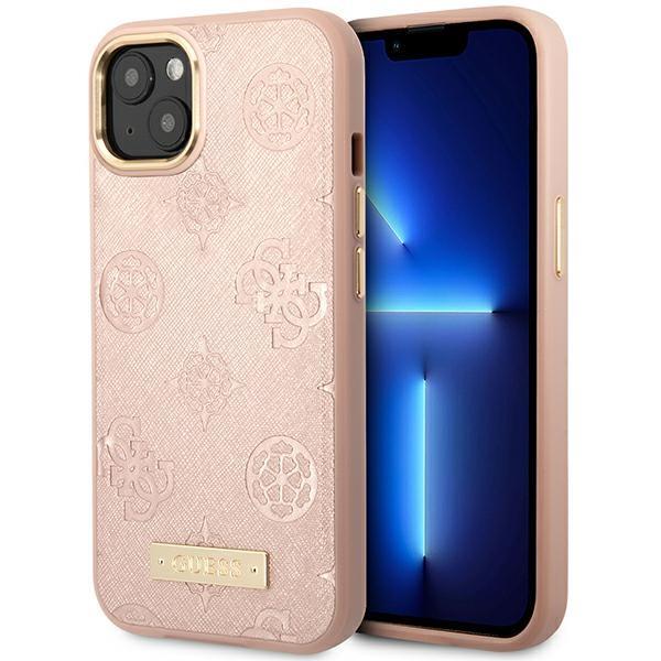 Capa Guess Peony Logo Plate MagSafe para iPhone 14 - rosa