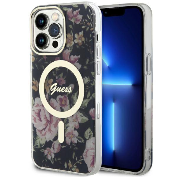 Capa Guess Flower MagSafe para iPhone 14 Pro Max - preta