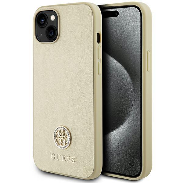 Capa Guess Leather 4G Metal Logo Strass para iPhone 15 - dourada