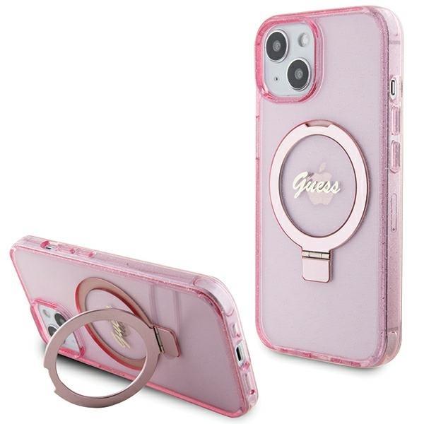 Capa Guess Ring Stand Script Glitter MagSafe para iPhone 15 - rosa