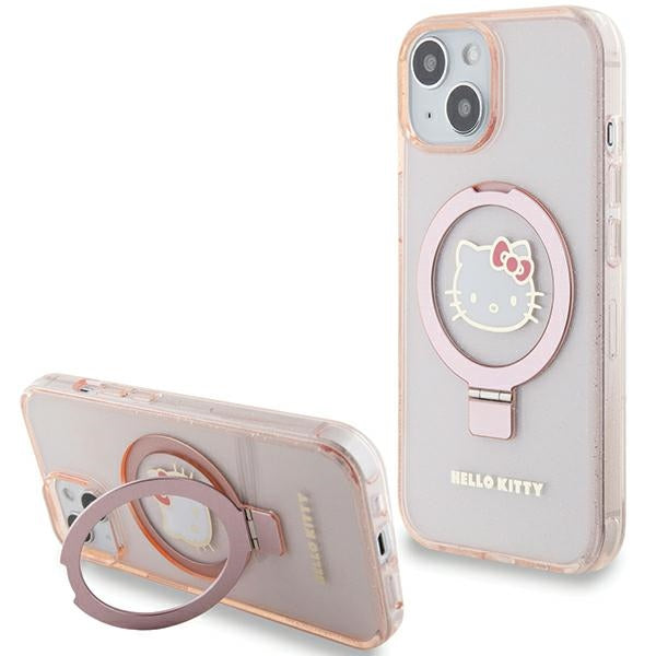 Capa Hello Kitty com Suporte para Anel Glitter Electrop Logo MagSafe para iPhone 15 / 14 / 13 - rosa