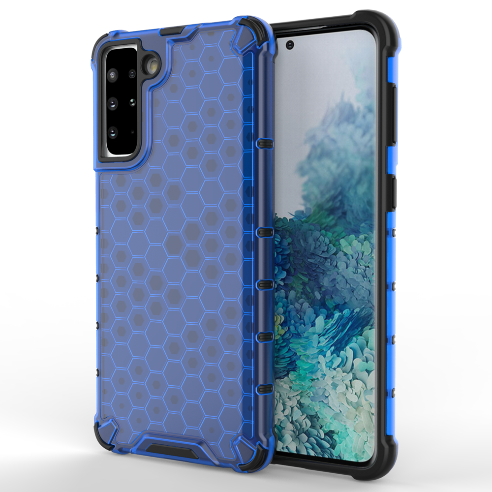 Capa protetora Honeycomb com moldura de gel para Samsung Galaxy S22 azul.