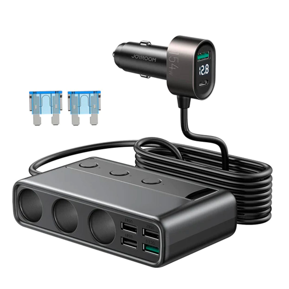 Carregador de carro 9 em 1 Joyroom JR-CL06 154W 5x USB-A / USB-C / 3x soquete de isqueiro PD QC PPS - preto