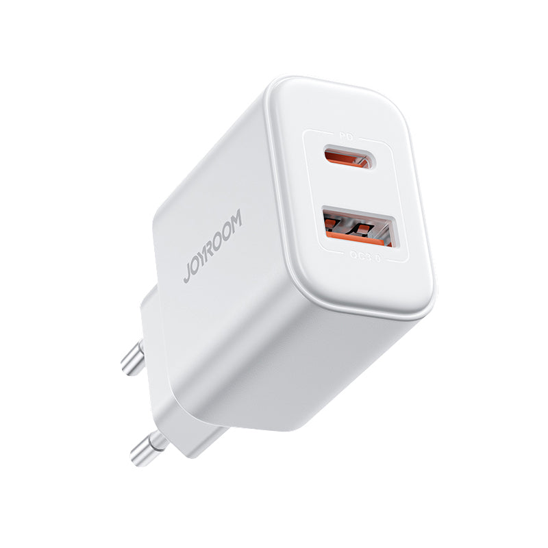 Carregador de rede rápido de dois portos 20W USB-C / USB-A Joyroom JR-TCF05 - branco + cabo USB-C para Lightning 1m