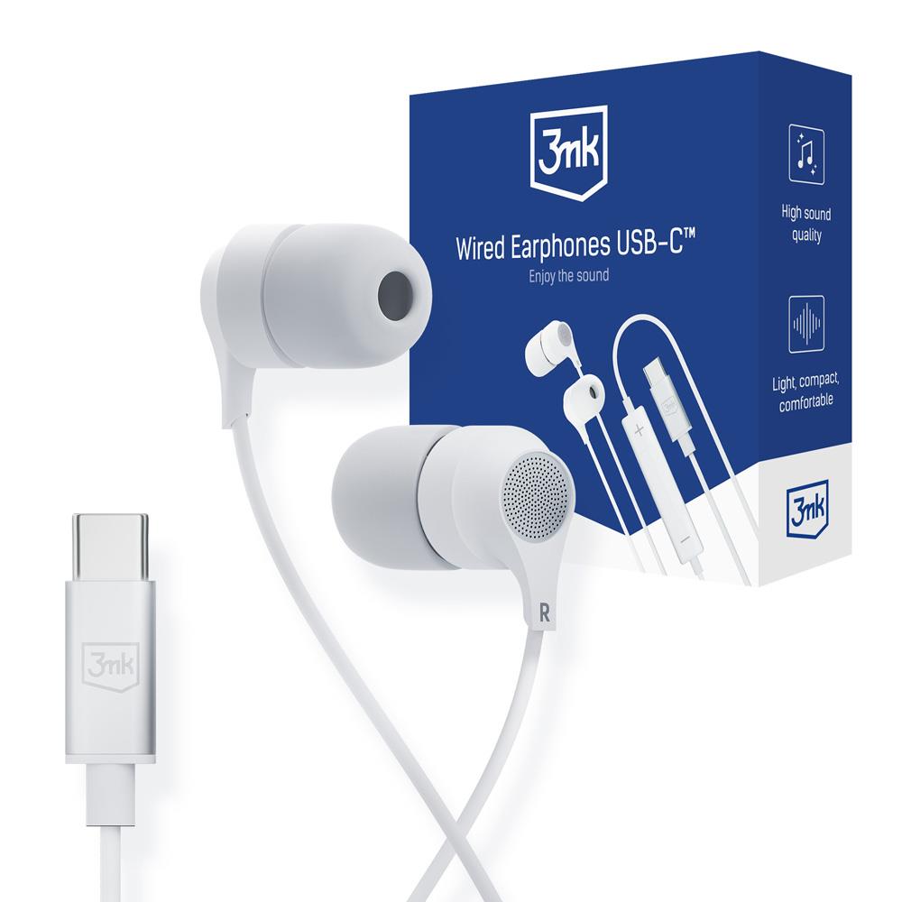 Fones de ouvido com fio 3mk Wired Headphones com conector USB-C - brancos