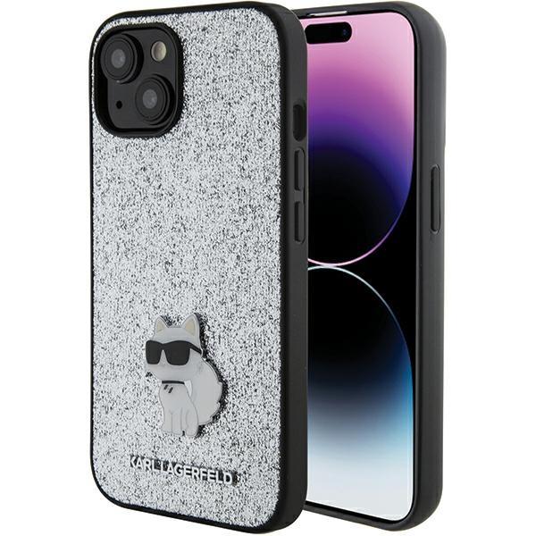 Etui Karl Lagerfeld Fixed Glitter Choupette Logo Metal Pin para iPhone 15 - prateado