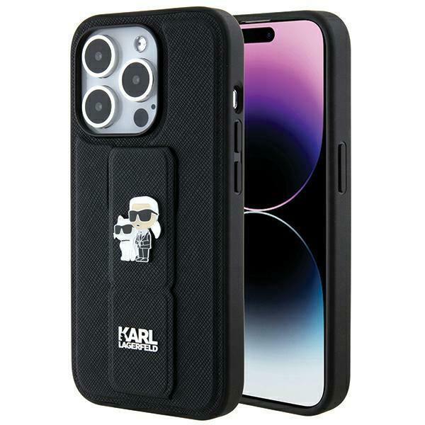 Capa Etui Karl Lagerfeld Gripstand Saffiano Karl&Choupette Pins para iPhone 14 Pro Max - preta