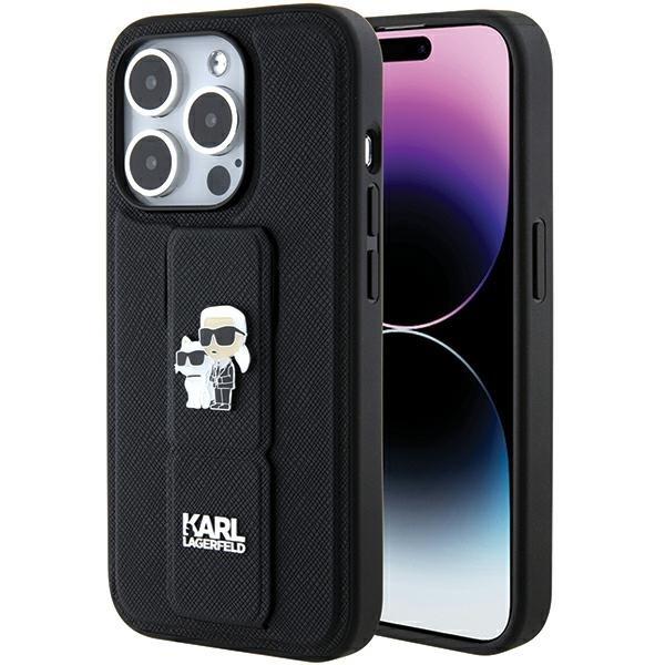 Capa Etui Karl Lagerfeld Gripstand Saffiano Karl&Choupette Pins para iPhone 15 Pro - preta