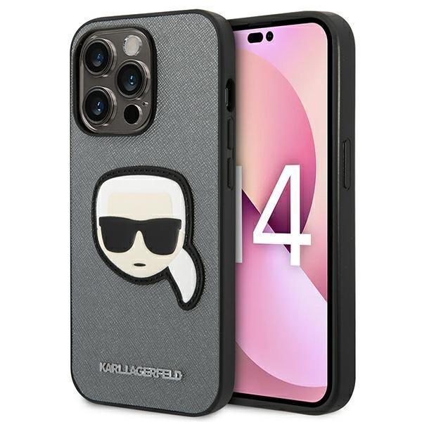 Capa Karl Lagerfeld Saffiano com Patch da Cabeça do Karl para iPhone 14 Pro - prateada