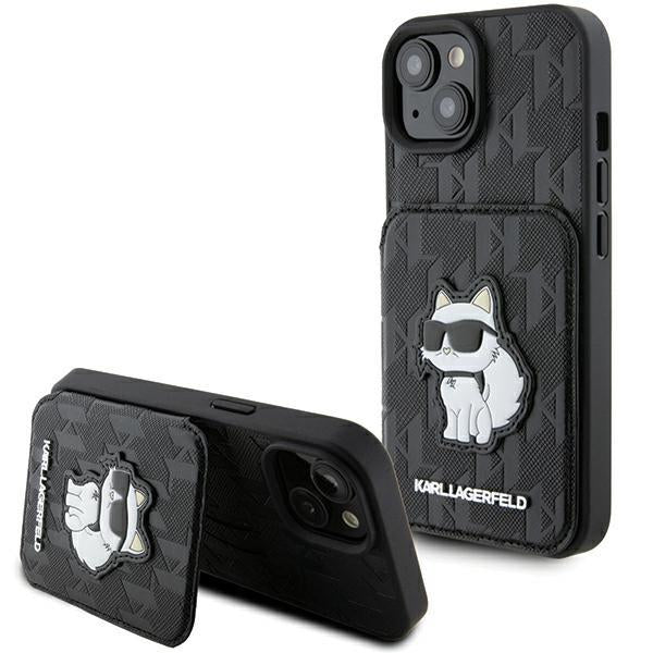 Etui Karl Lagerfeld Saffiano com Slots para Cartões e Suporte Monograma Choupette para iPhone 15 - preto