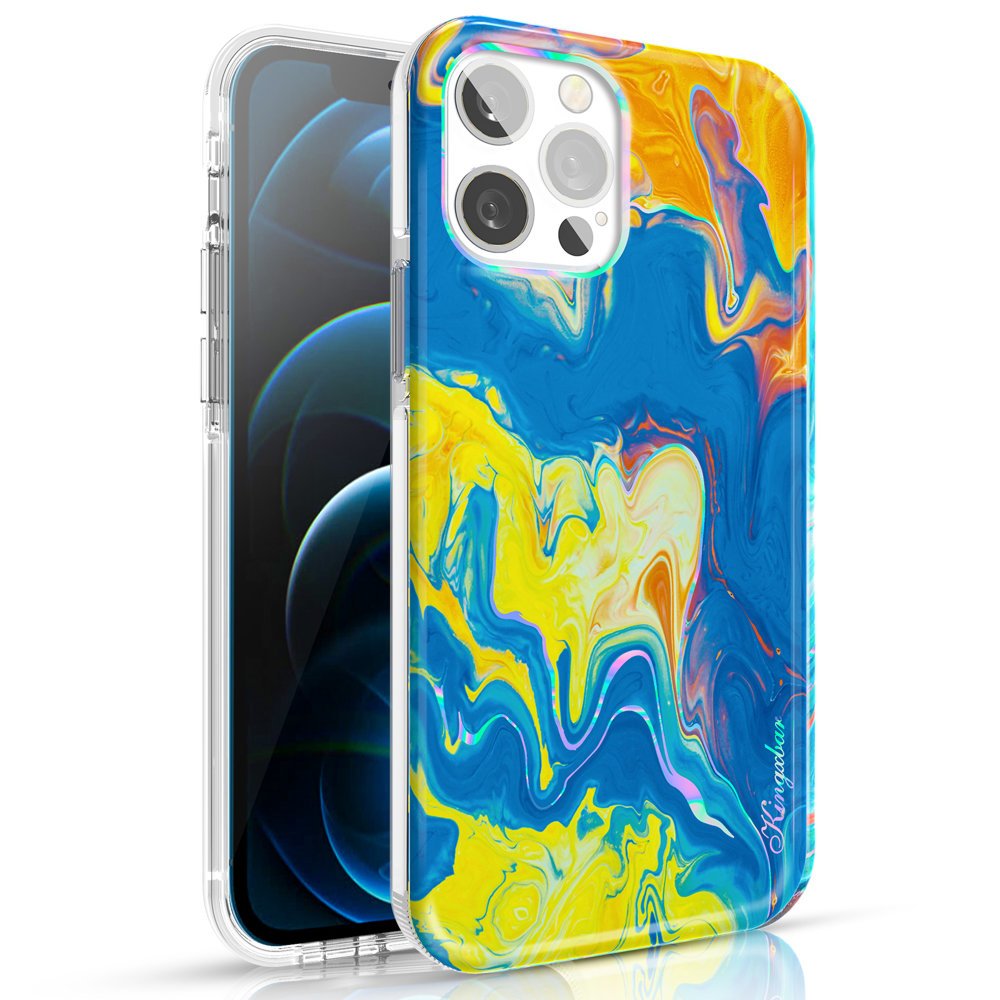 Kingxbar Watercolour Series capa colorida para iPhone 12 Pro / iPhone 12 em azul-amarelo